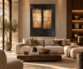 AUREN charcoal and antique gold abstract wall art above a neutral sofa