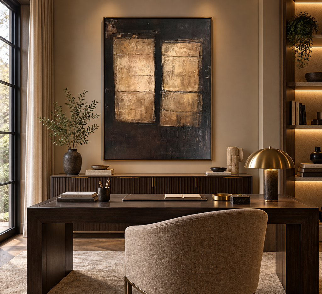 AUREN black and antique gold abstract wall art in a luxury home office