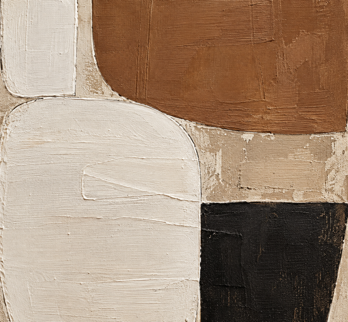 Close-up of BRUNA handmade brown beige geometric painting texture