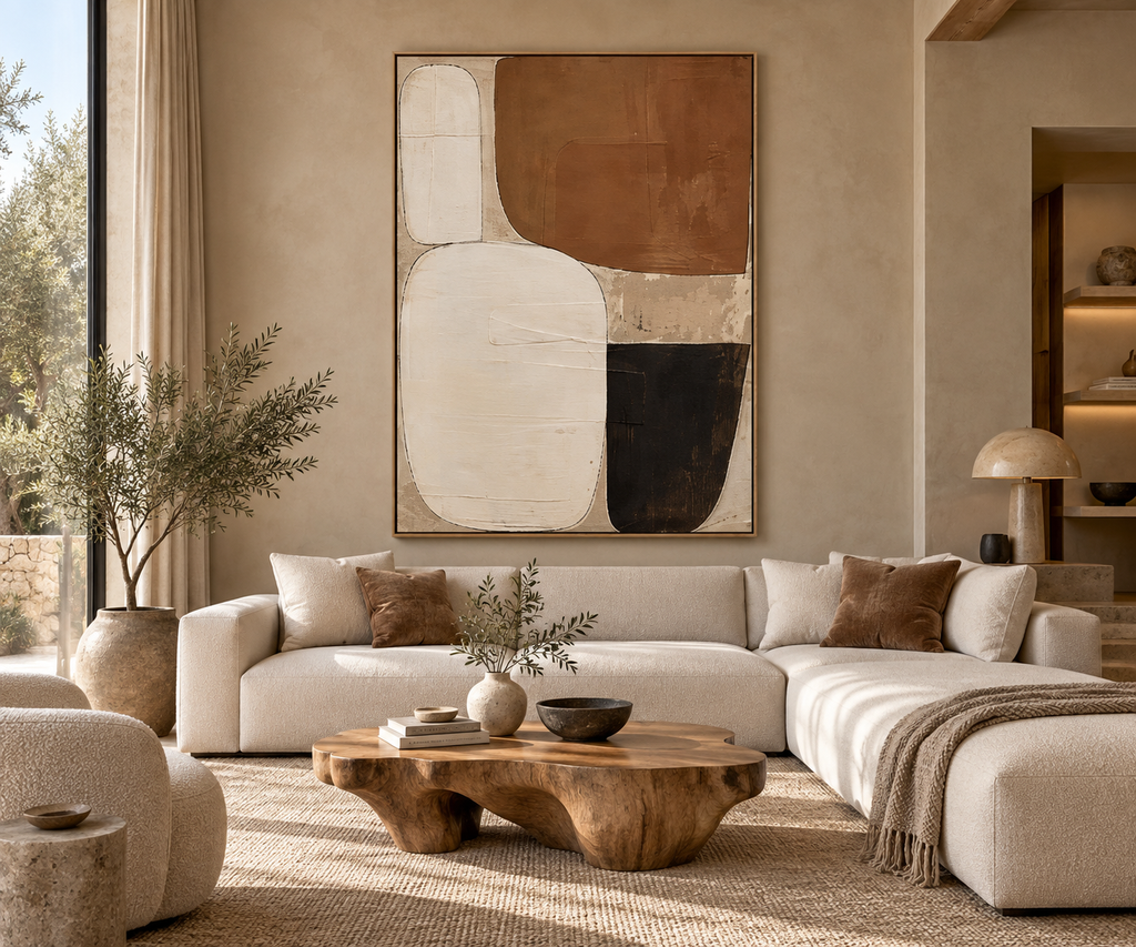 BRUNA brown beige geometric abstract wall art above a neutral sofa