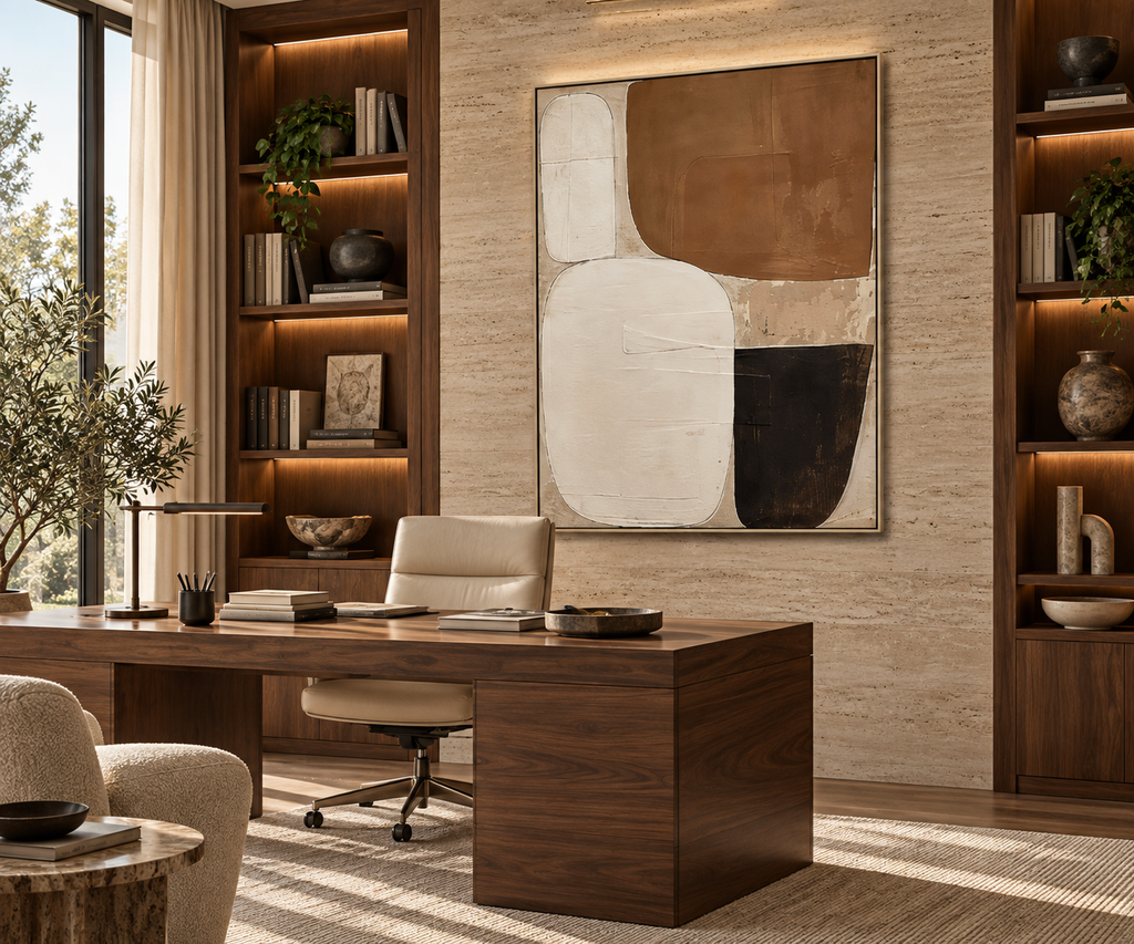 BRUNA brown beige geometric abstract wall art in a refined private study