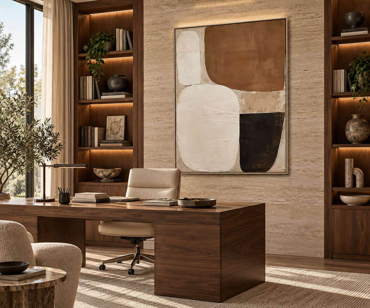 BRUNA brown beige geometric abstract wall art in a refined private study
