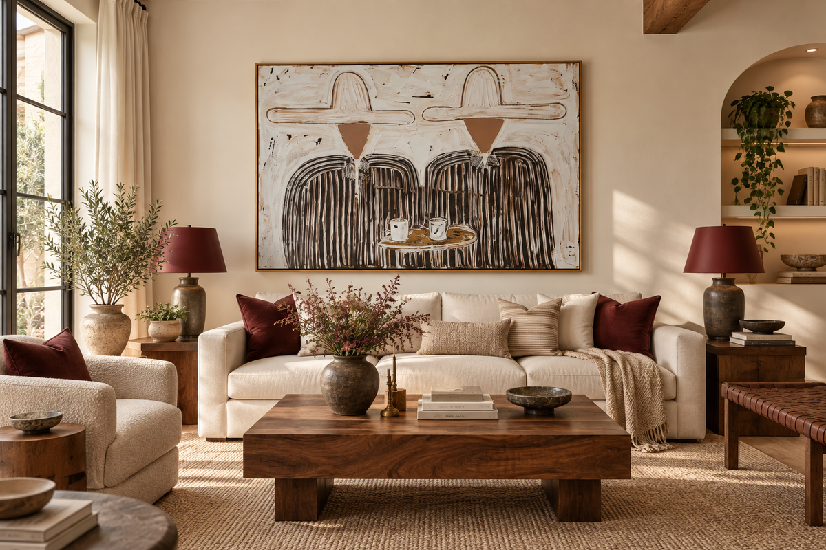 CALDERA western duo wall art above a cream sofa in a contemporary living room
