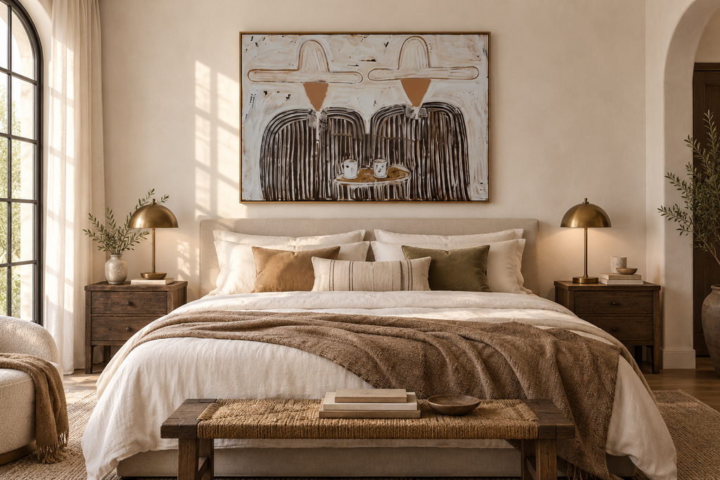 CALDERA western duo artwork above an elegant bed