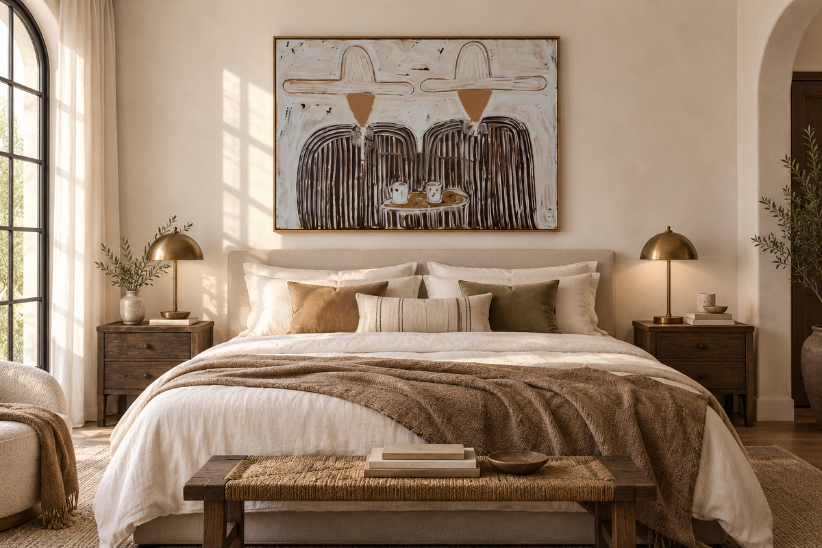 CALDERA western duo artwork above an elegant bed