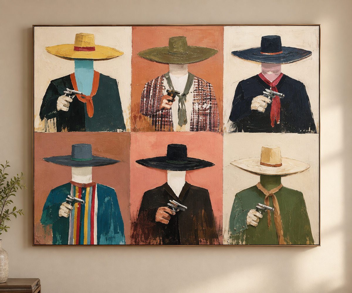 CALDERA six-portrait western cowboy wall art in close view