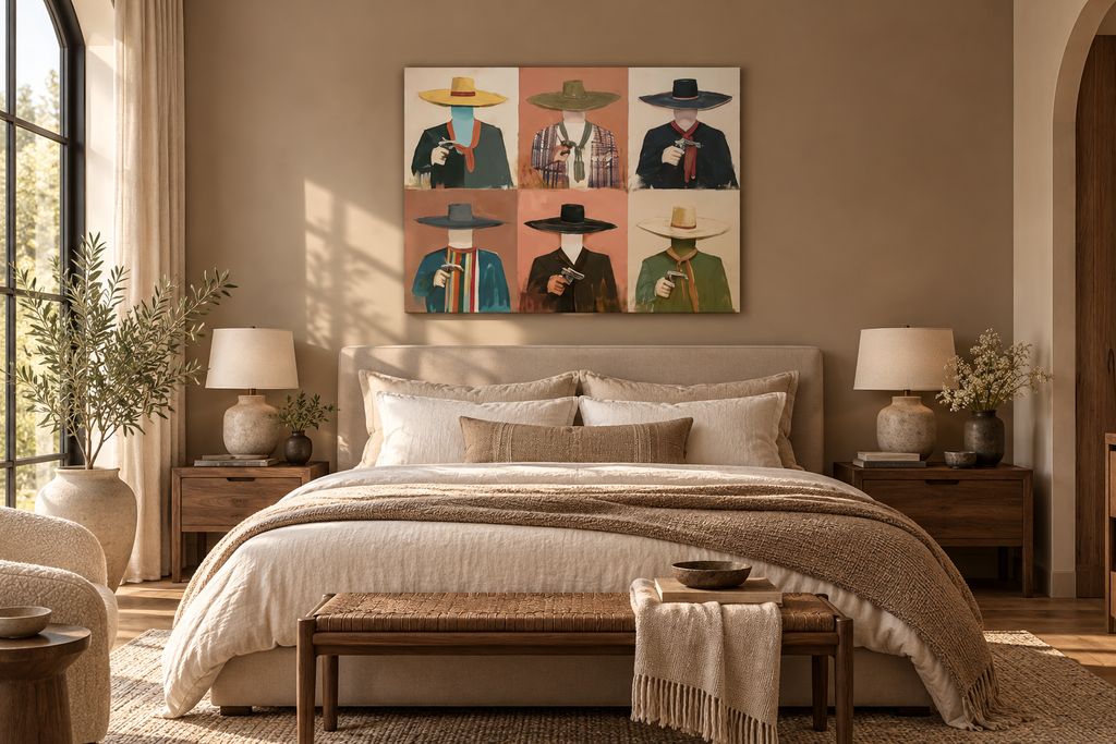 CALDERA six-portrait western wall art in an elegant bedroom