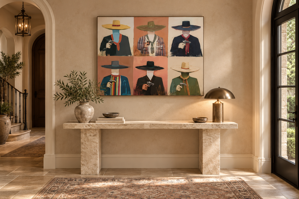 CALDERA western cowboy wall art above an entryway console