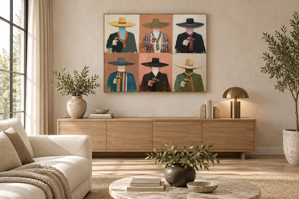 CALDERA western cowboy wall art above a contemporary living room console