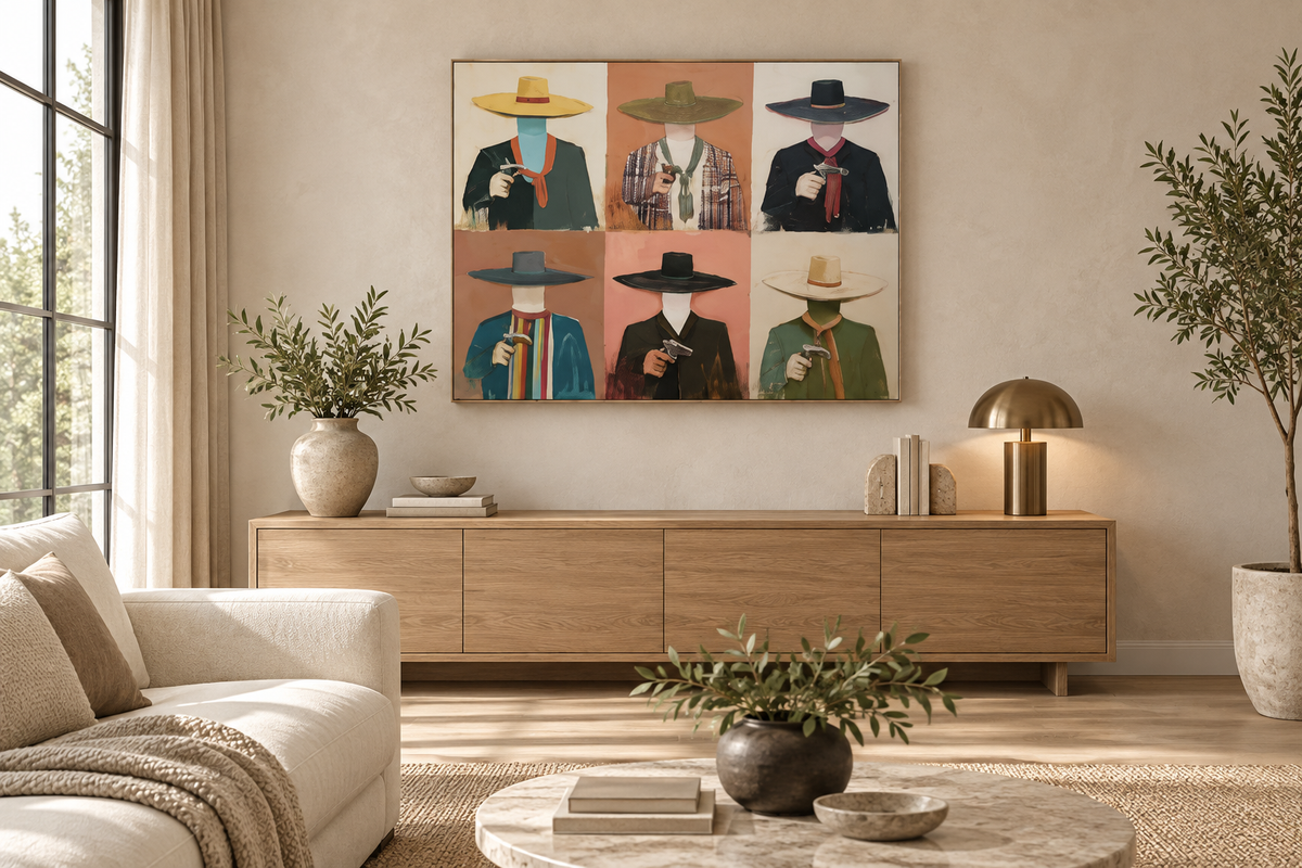 CALDERA western cowboy wall art above a contemporary living room console