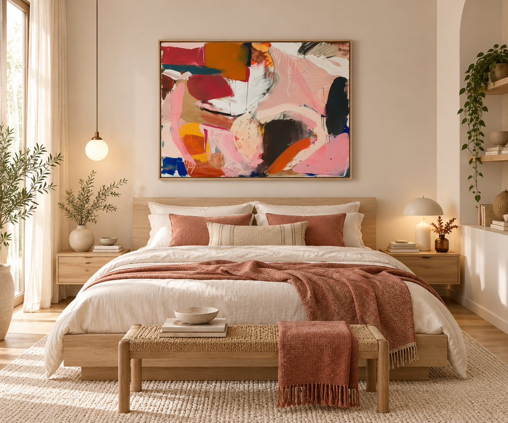 CALISTA multicolour abstract artwork above a modern bed