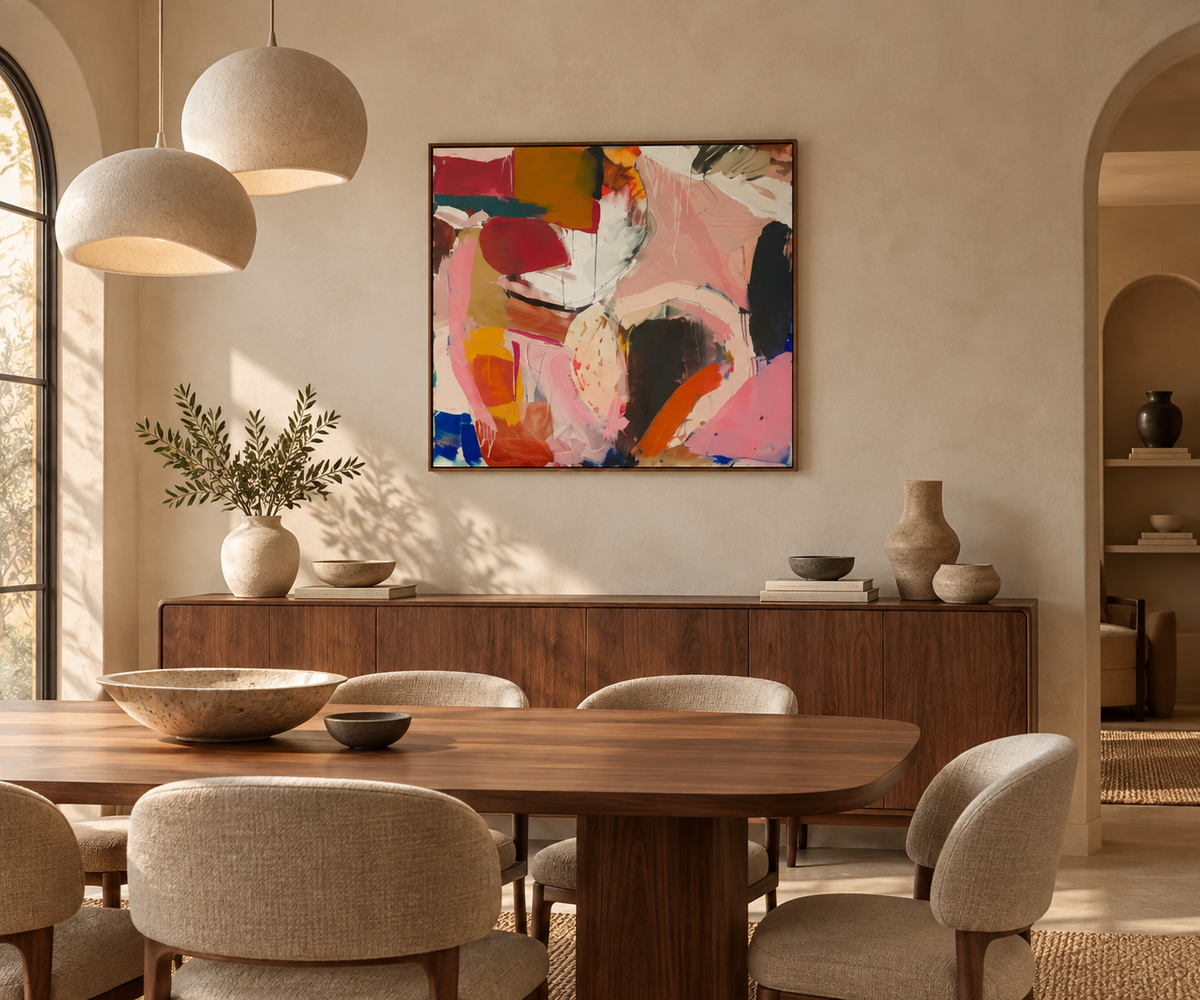 CALISTA colourful abstract wall art in a contemporary dining room