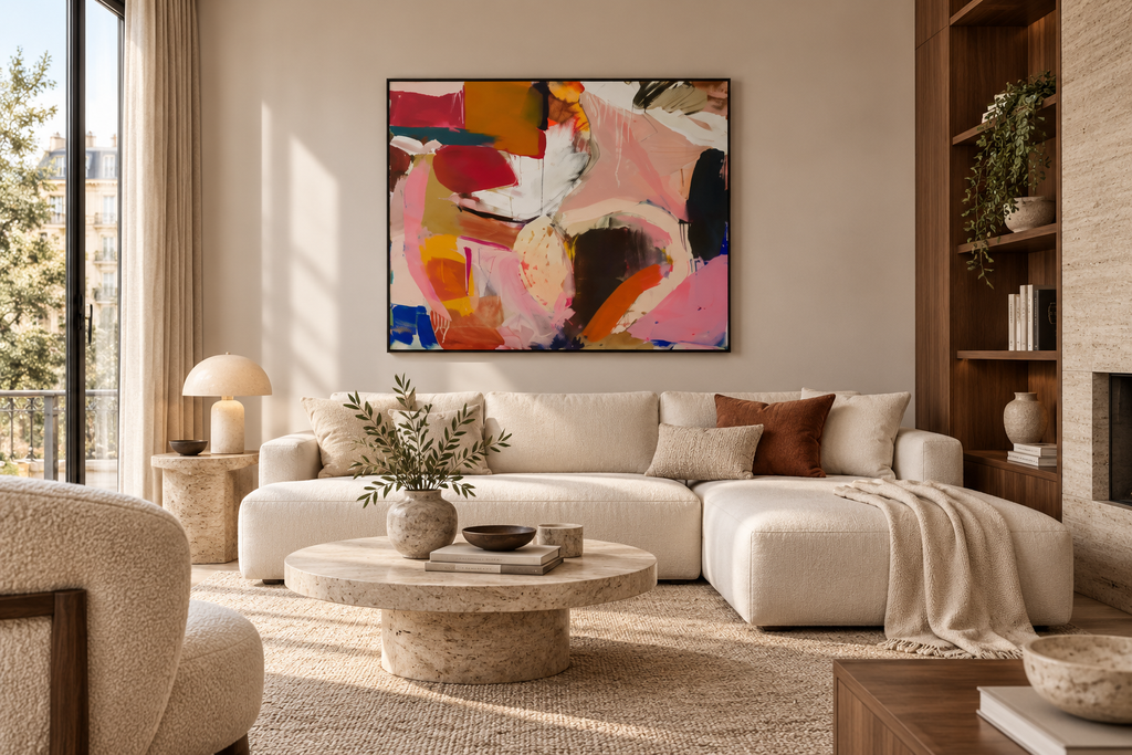CALISTA colourful abstract painting above a cream sofa