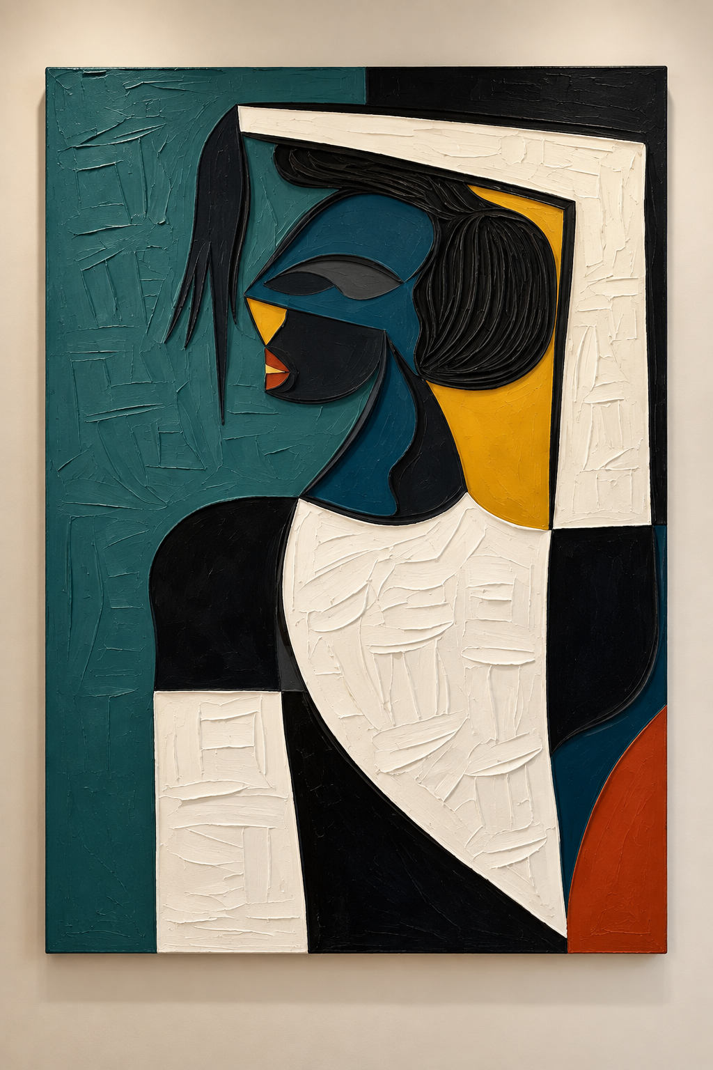 Calyra teal and mustard abstract woman profile textured wall art