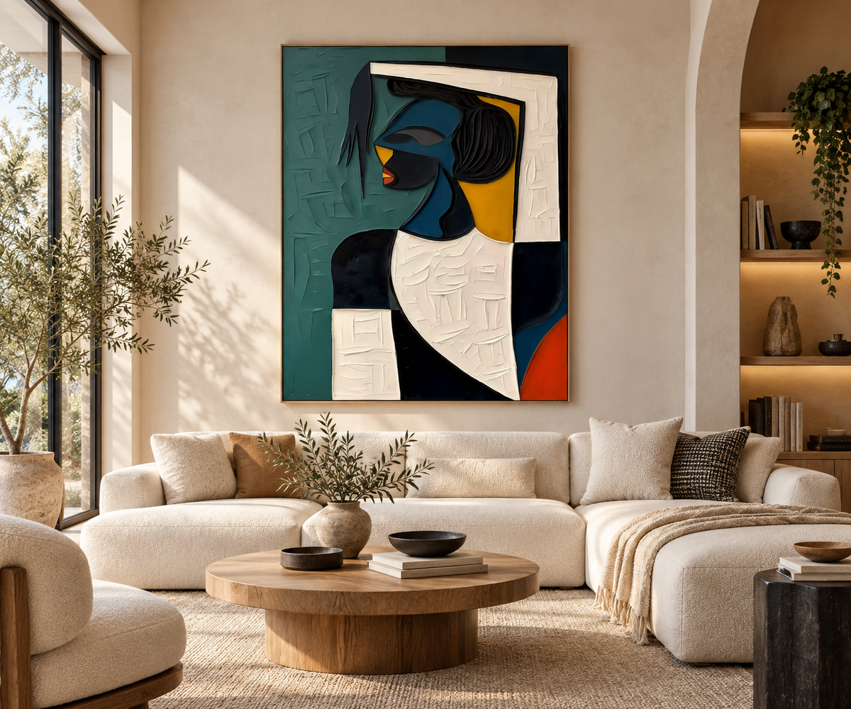 Calyra abstract woman profile wall art in a contemporary living room