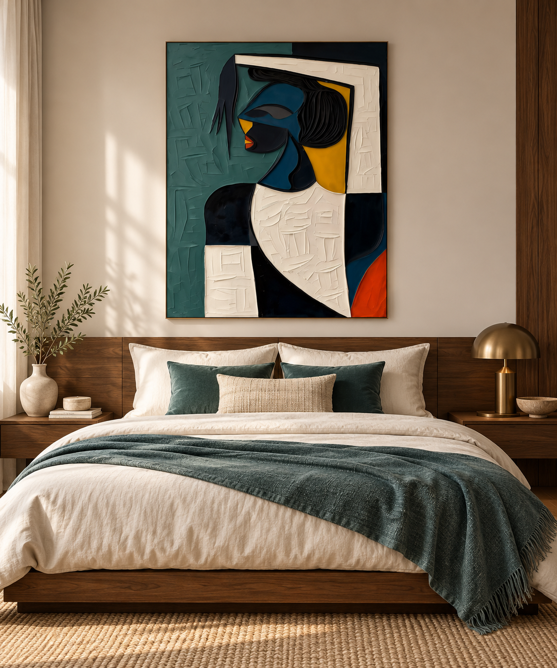 Calyra teal figurative portrait above an elegant bedroom
