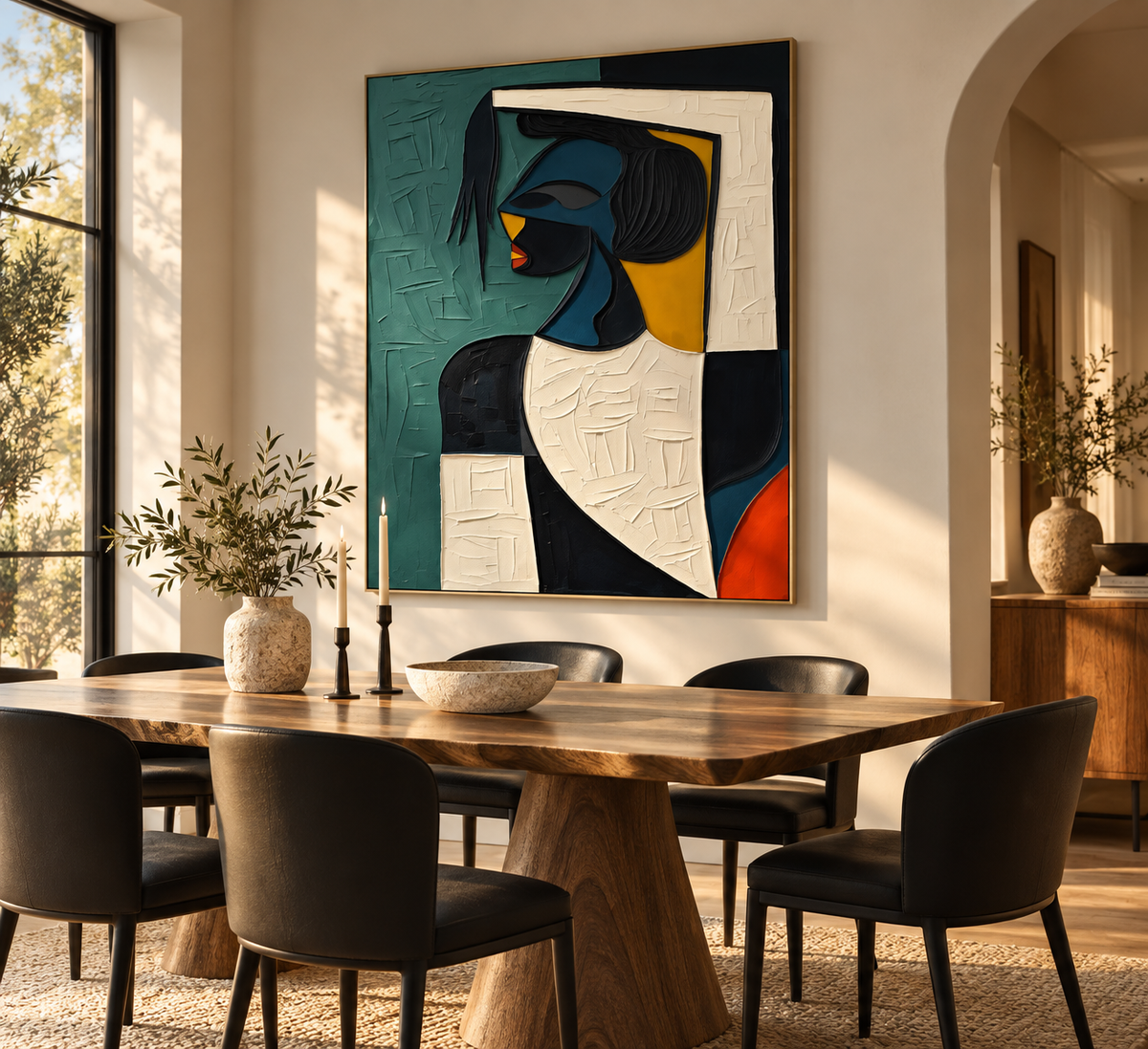 Calyra geometric woman portrait wall art in a refined dining room