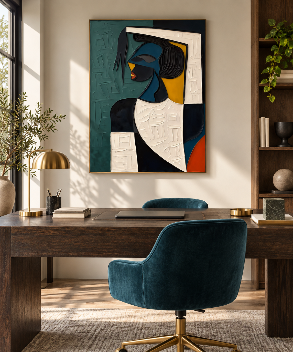 Calyra textured teal woman portrait in a luxury home office
