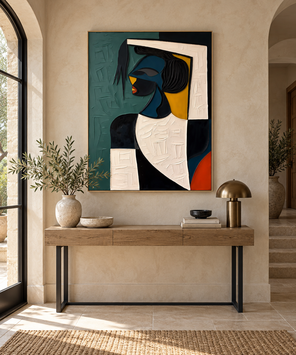 Calyra abstract profile wall art in a sophisticated European entryway