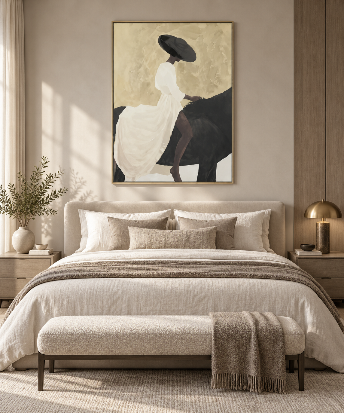 CAVALYA elegant equestrian abstract wall art in a luxury bedroom