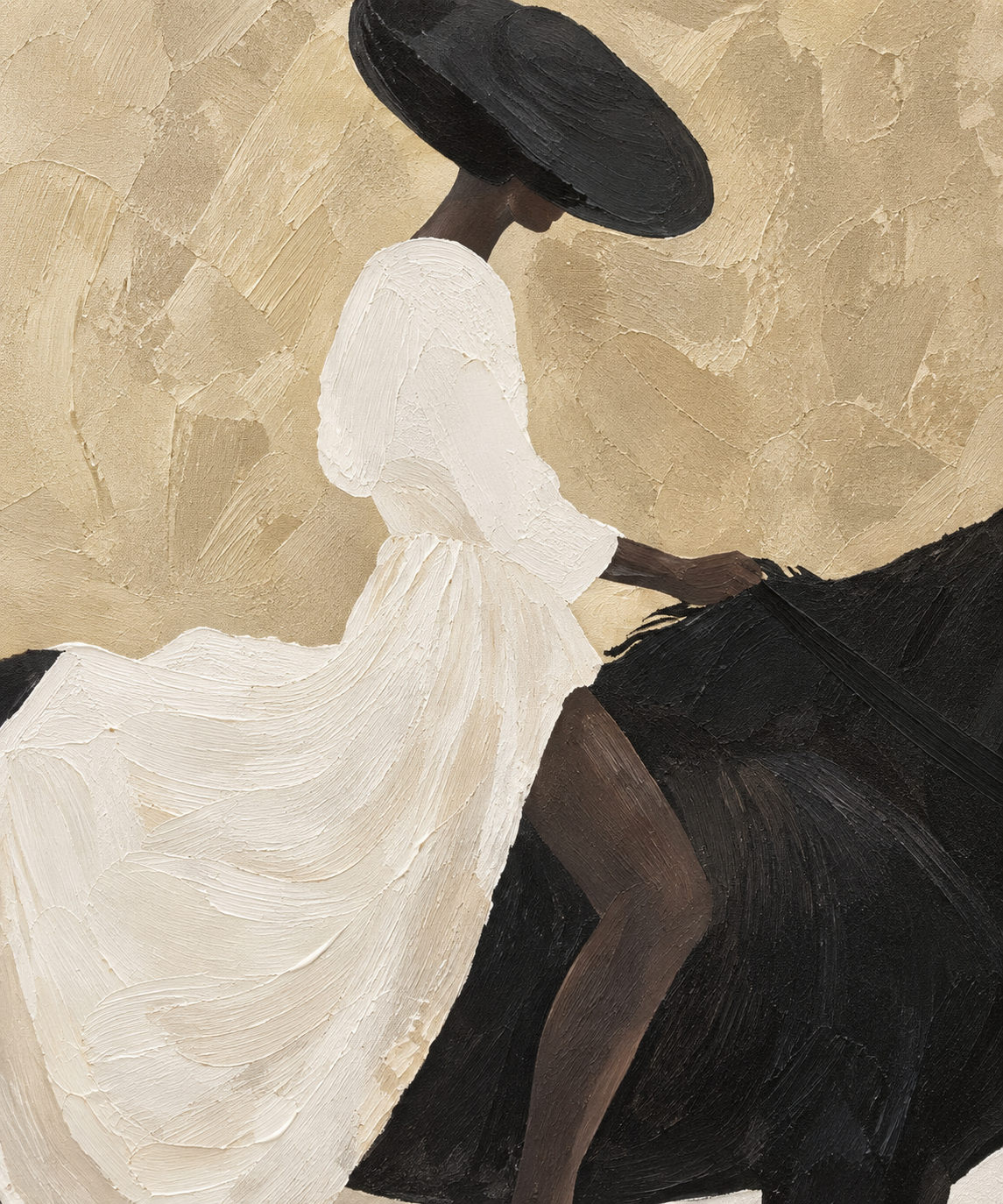 Close-up of CAVALYA handmade abstract woman and black horse painting texture