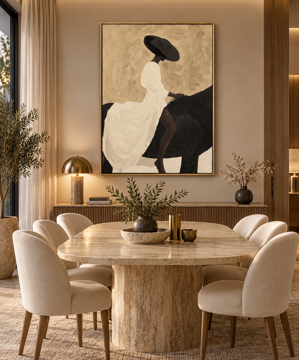 CAVALYA woman riding black horse wall art in an elegant dining room