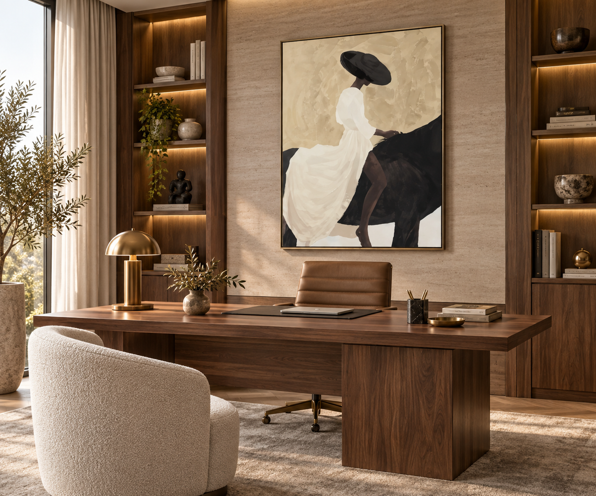 CAVALYA woman and black horse wall art in a refined private study