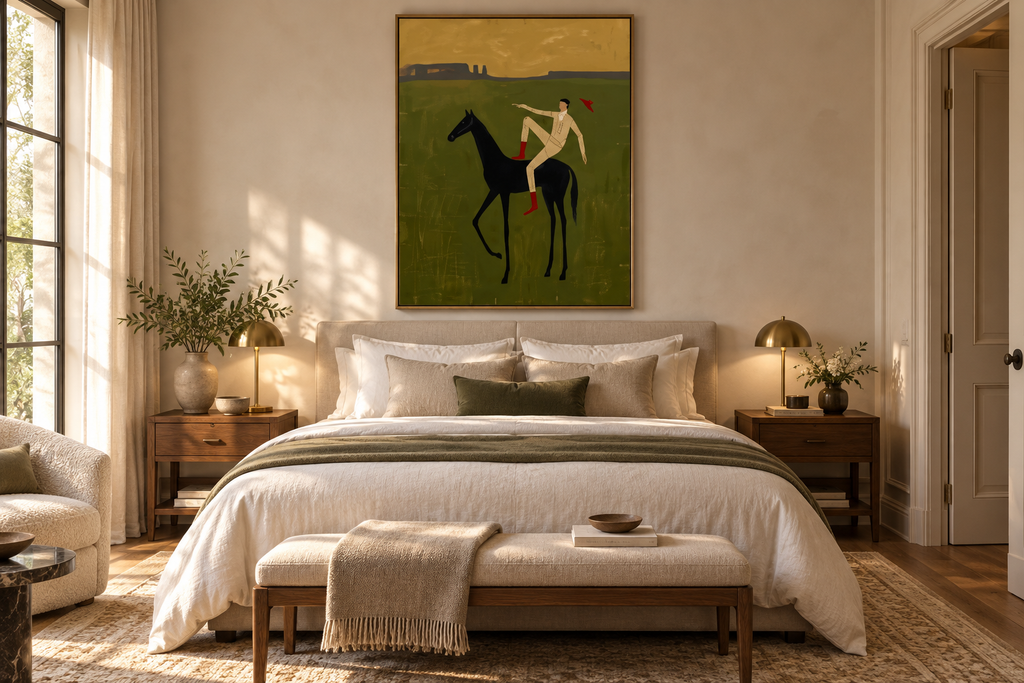 CAVENZA green equestrian wall art above a boutique bedroom bed