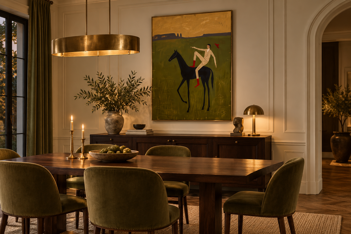CAVENZA green equestrian wall art in an elegant dining room