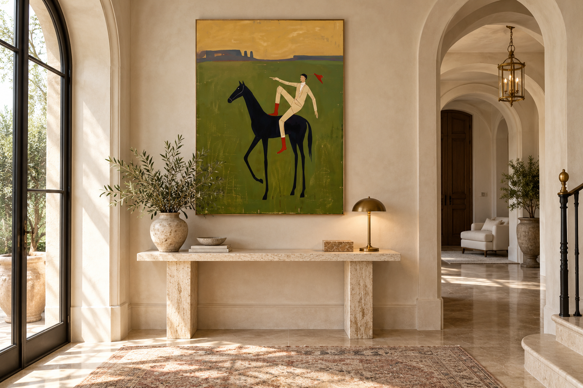 CAVENZA green equestrian wall art above a refined entryway console
