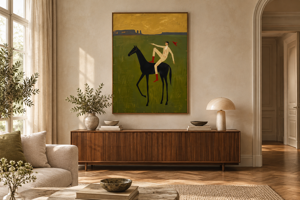 CAVENZA green equestrian wall art above a contemporary living room console