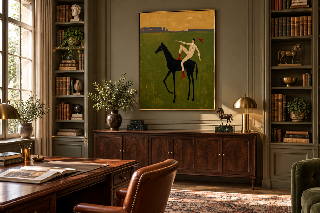 CAVENZA green equestrian wall art in an elegant home office library