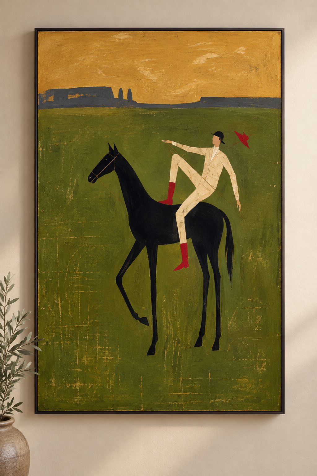 CAVENZA green equestrian wall art with rider on black horse in close view