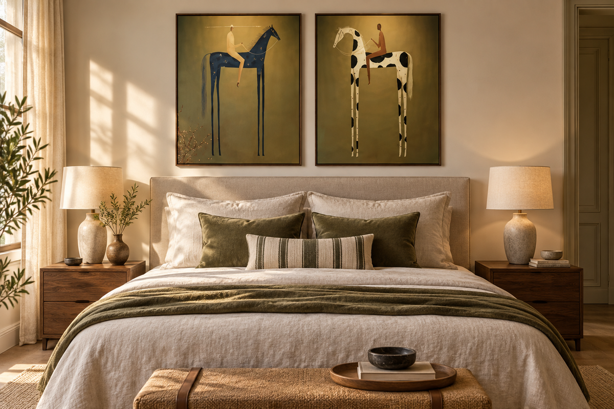 DUALORA pair of equestrian horse paintings above a boutique bedroom