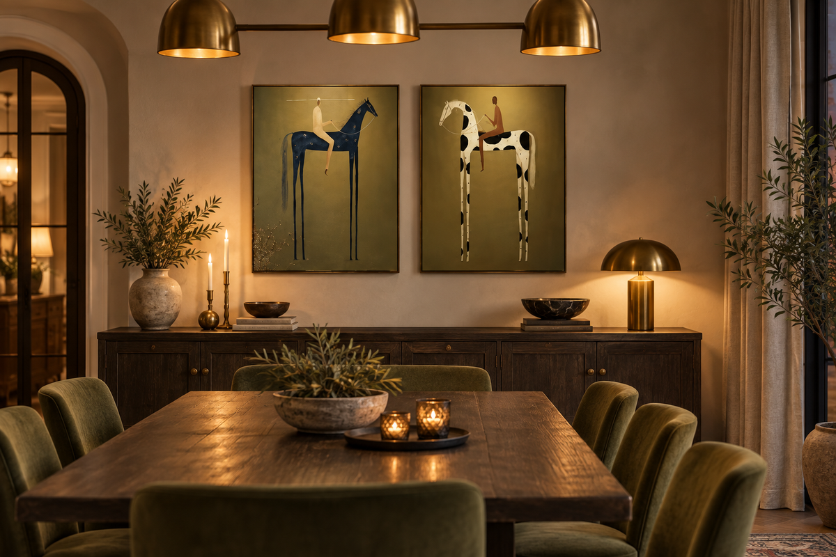 DUALORA pair of equestrian horse paintings in an elegant dining room