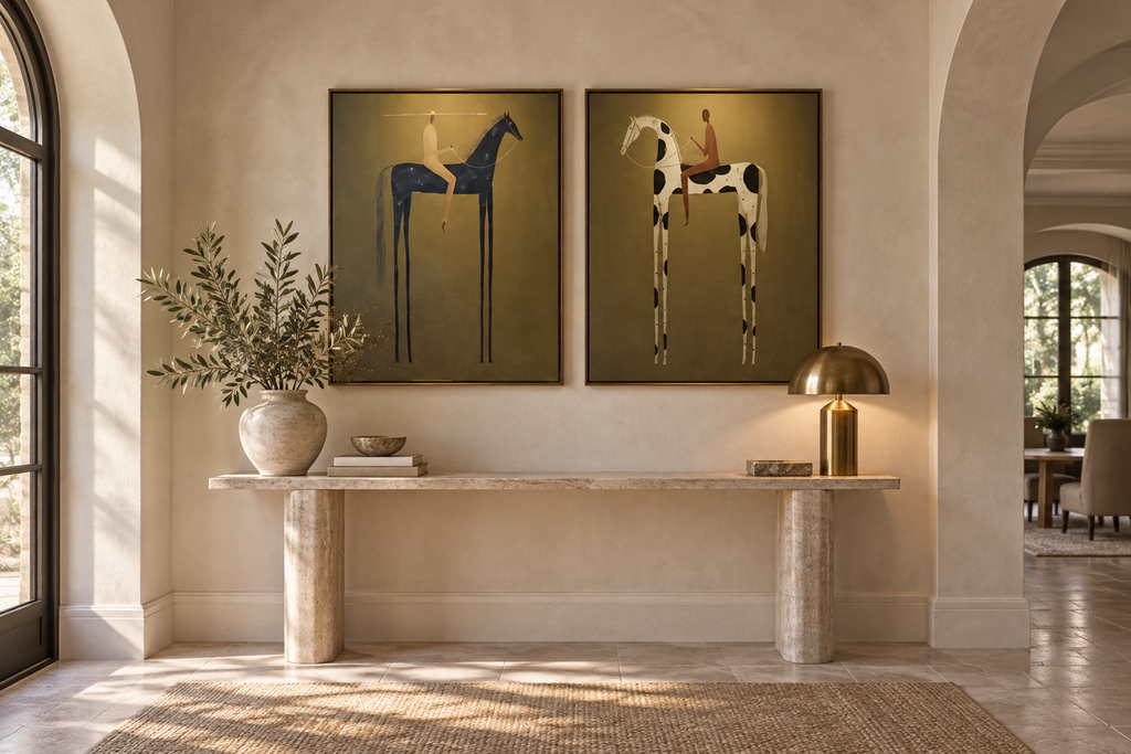 DUALORA set of two horse paintings above a refined entryway console