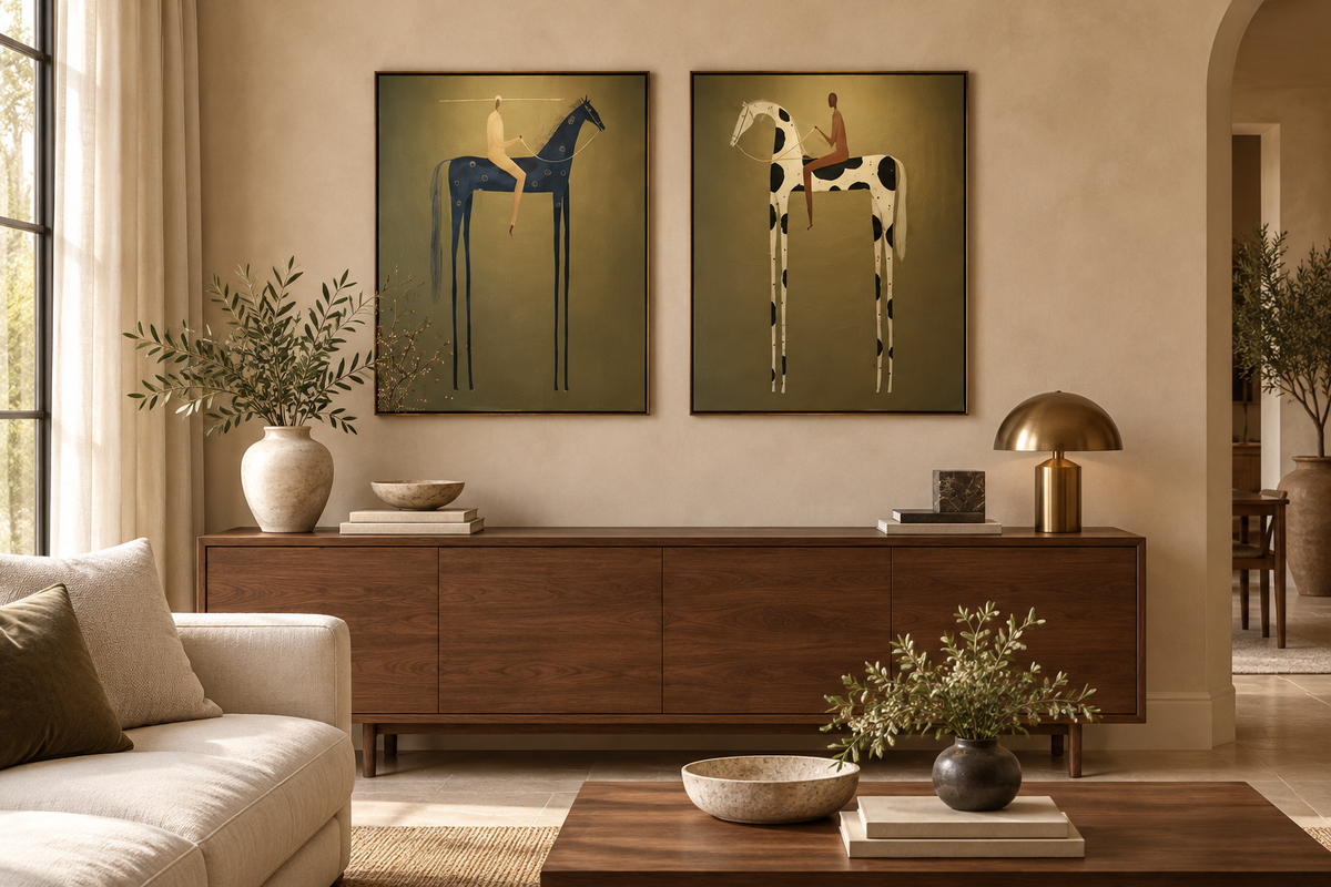 DUALORA pair of equestrian horse paintings above a contemporary living room console