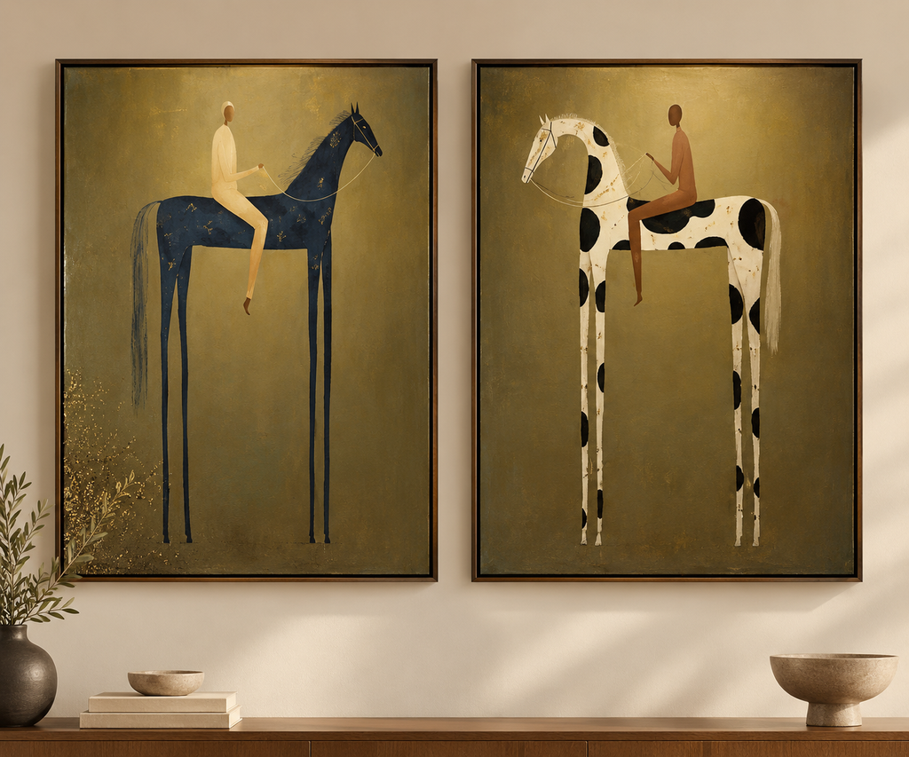 DUALORA set of two equestrian horse paintings displayed side by side