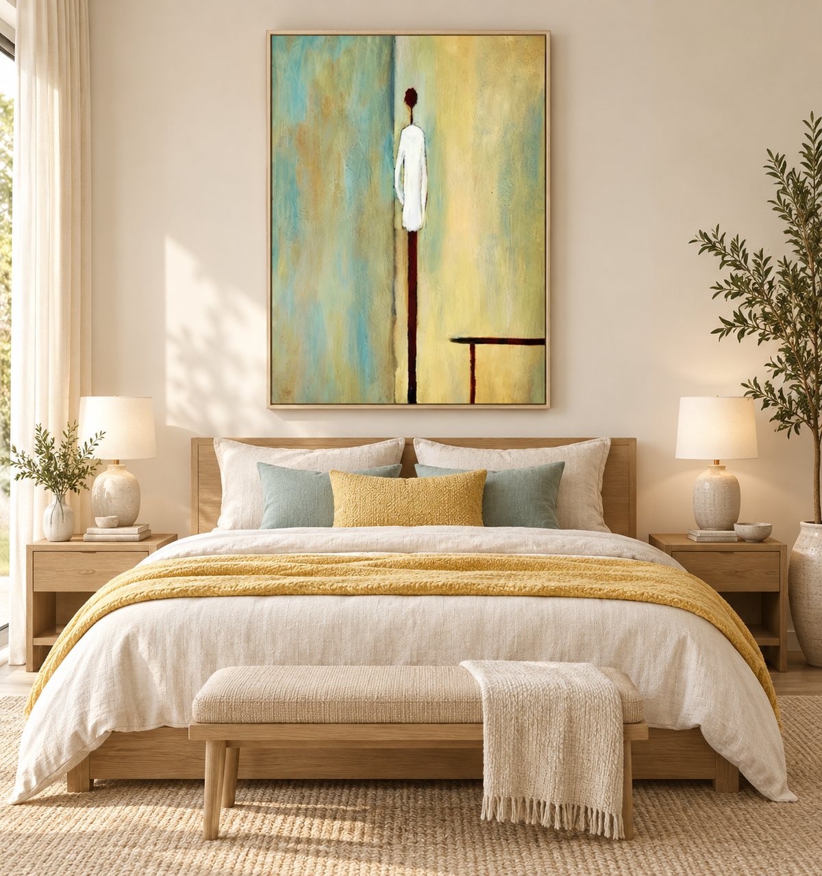 ELORIA yellow and aqua abstract artwork above a modern bed