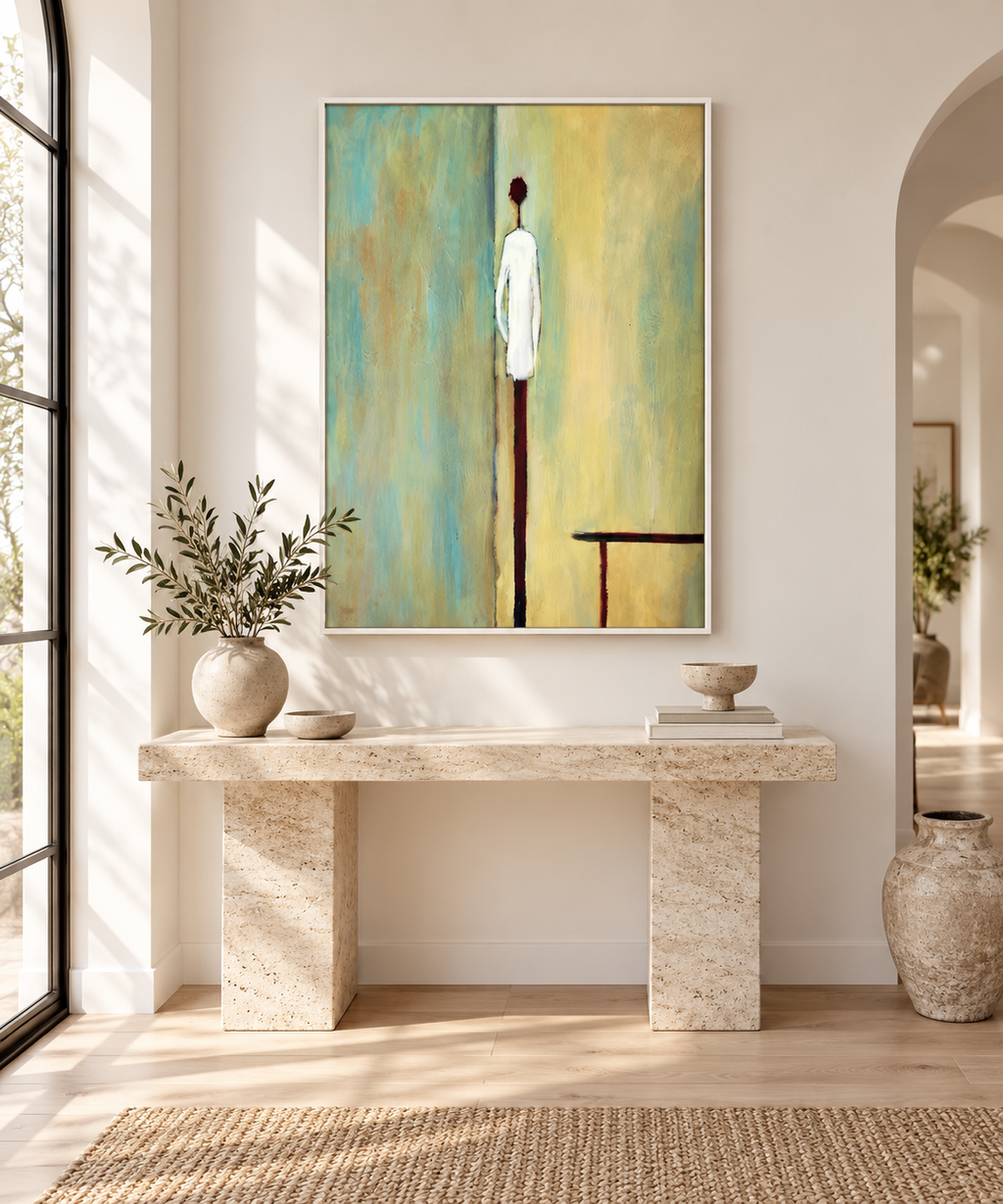 ELORIA white framed figurative wall art above an entryway console
