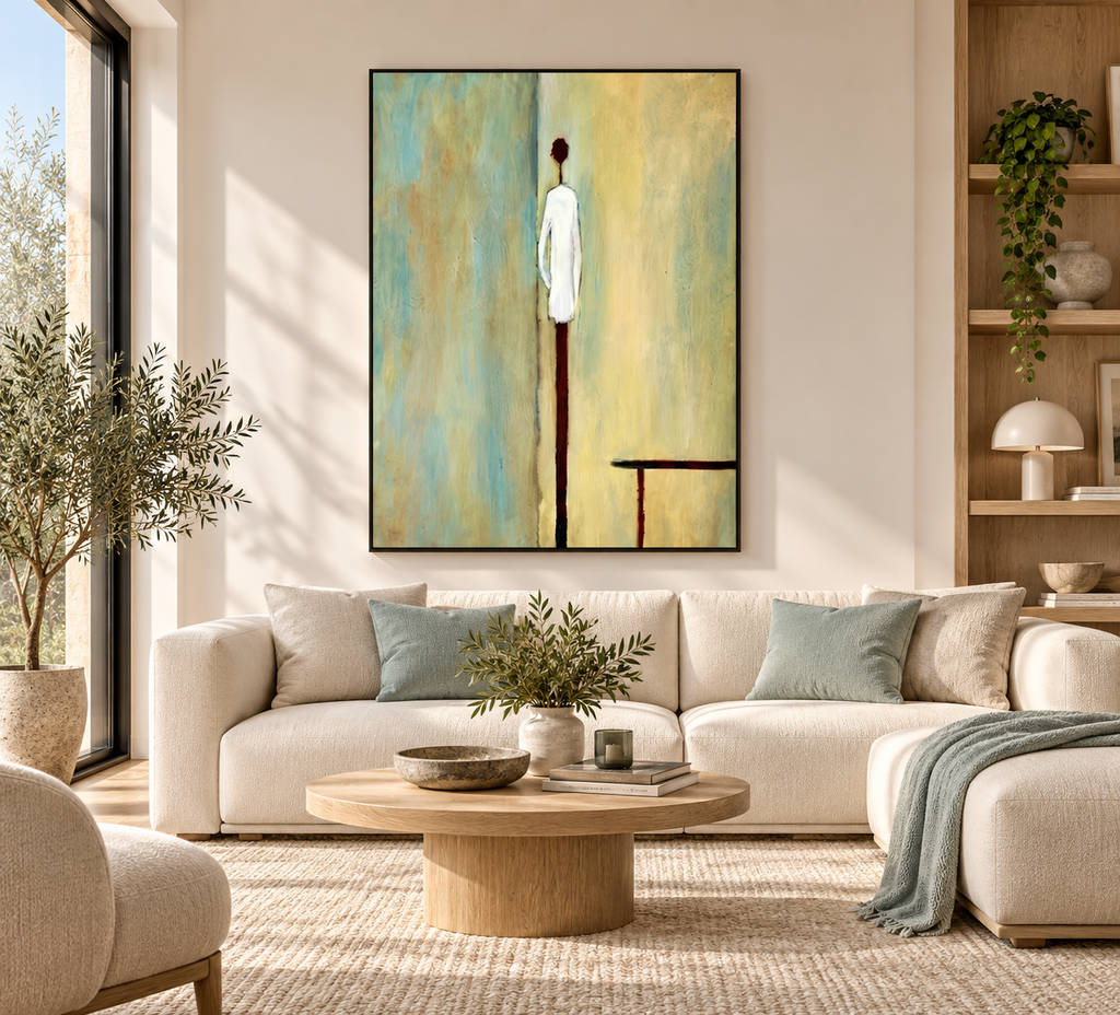 ELORIA minimalist figurative painting above a cream sofa