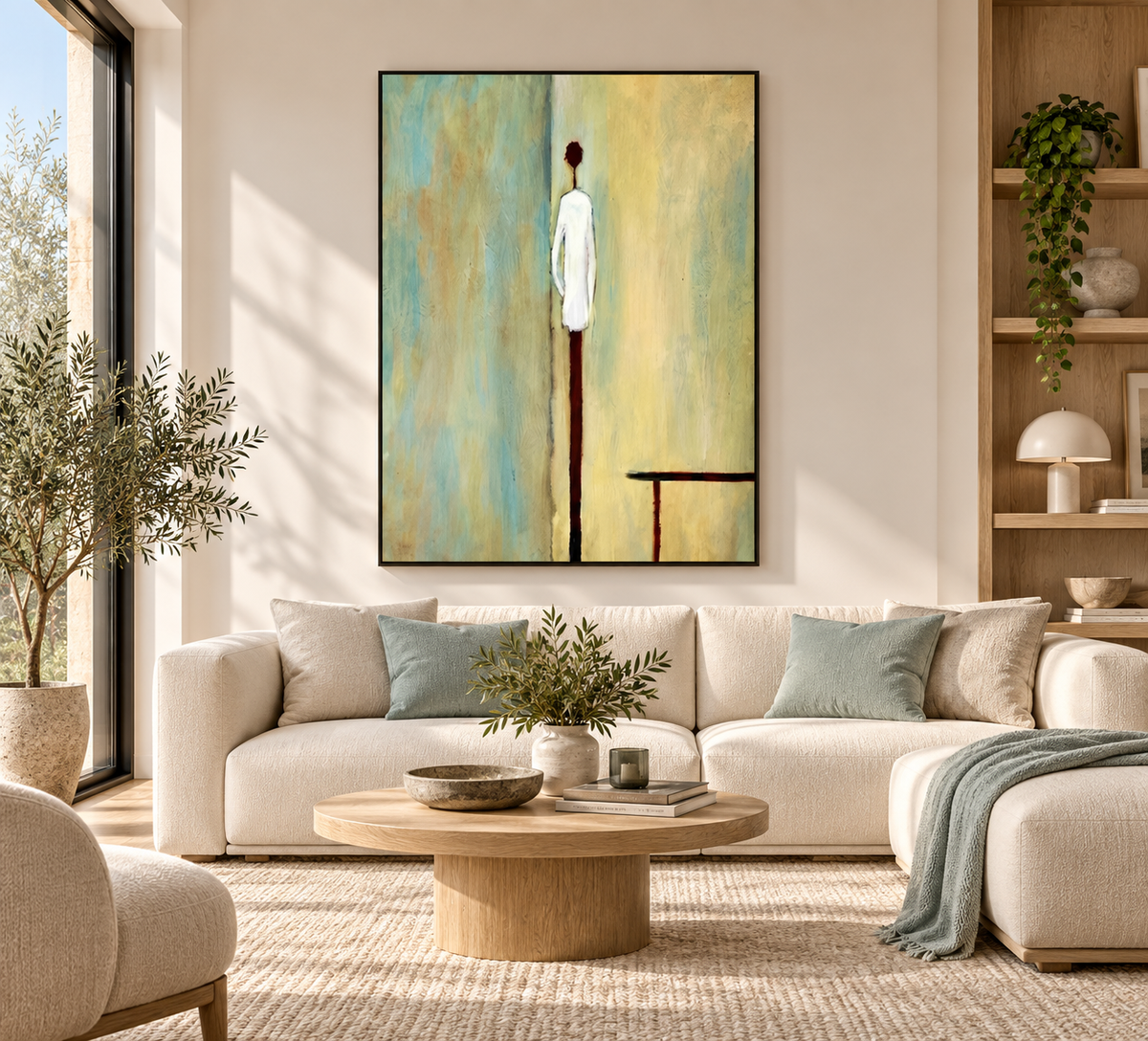 ELORIA minimalist figurative painting above a cream sofa