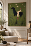 EQUORA olive green horse and jockey wall art in a refined contemporary living room