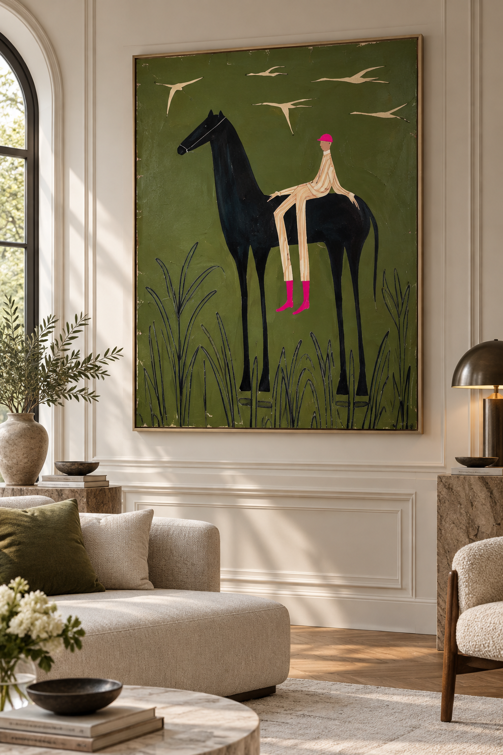 EQUORA olive green horse and jockey wall art in a refined contemporary living room