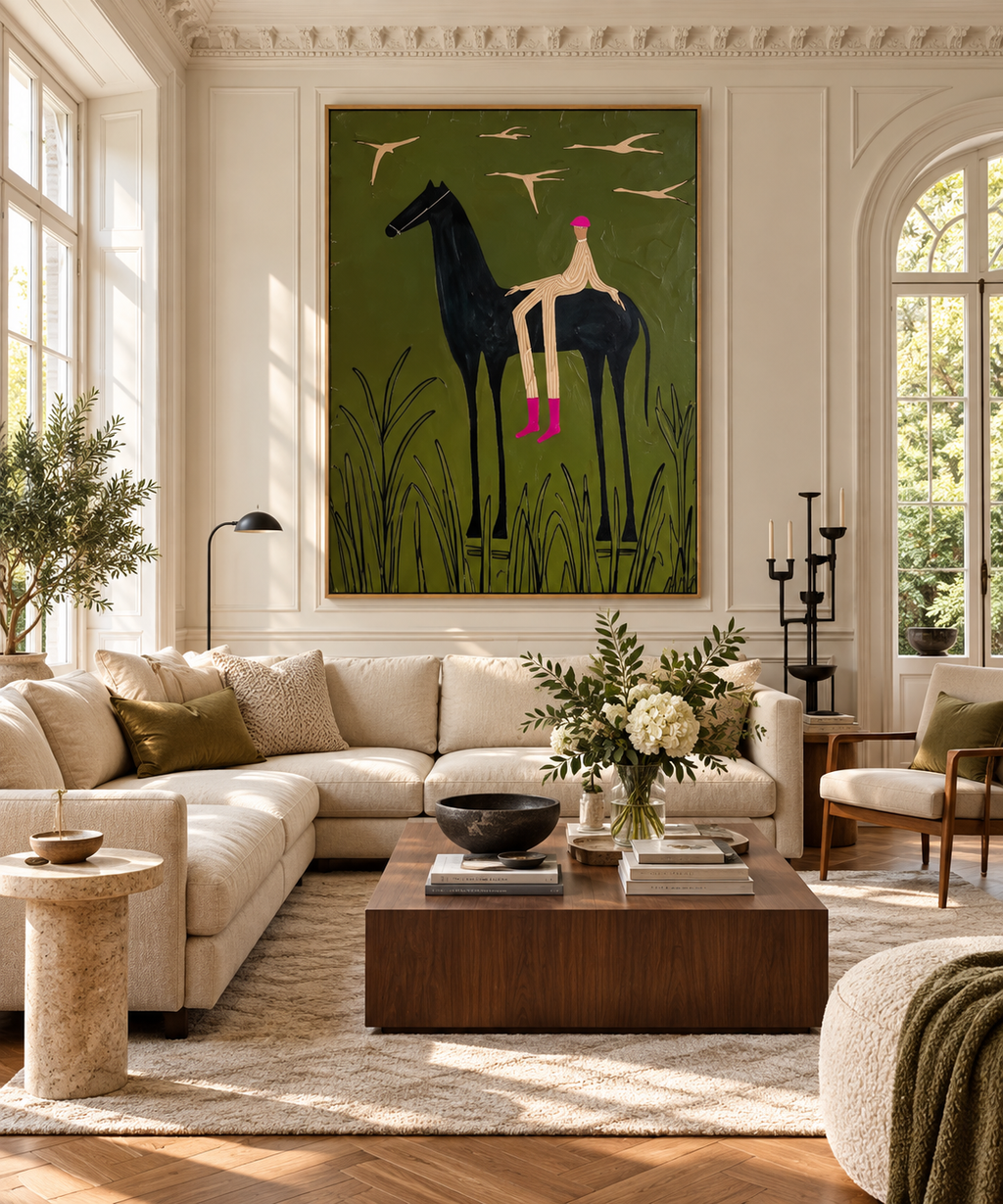 EQUORA olive green horse and jockey painting above a contemporary sofa