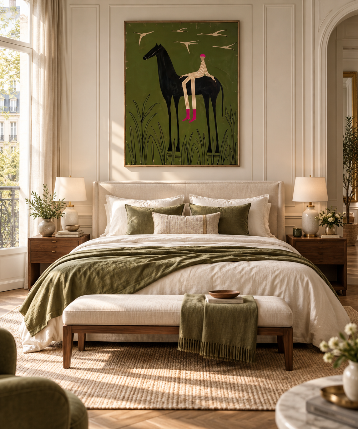 EQUORA black horse and jockey wall art in an elegant European bedroom
