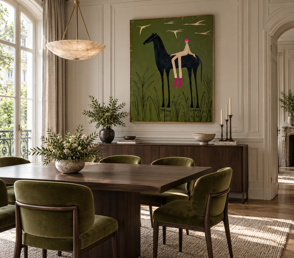 EQUORA olive green equestrian wall art in a sophisticated dining room