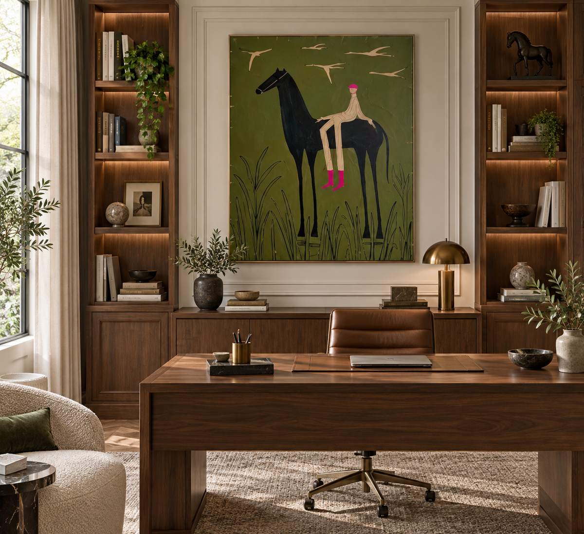 EQUORA modern horse and jockey painting in a luxury home office