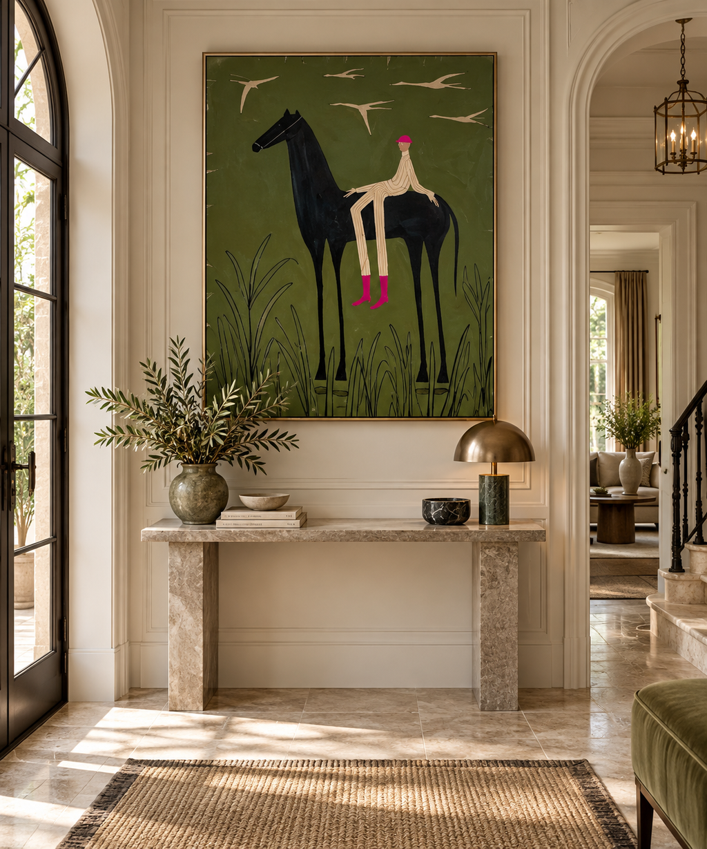 EQUORA equestrian wall art above a console in an elegant entryway