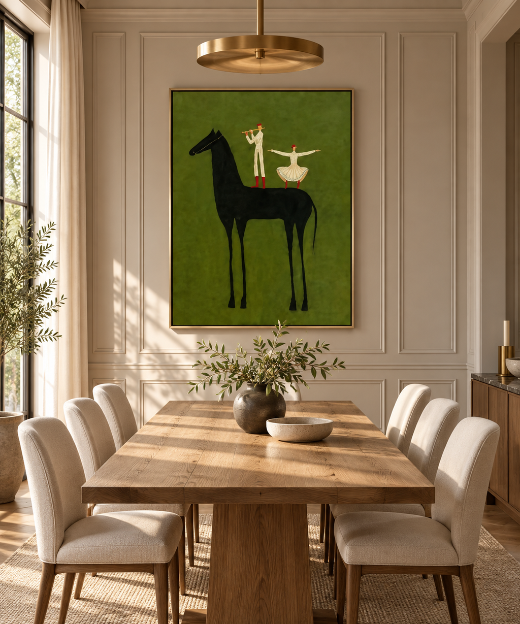 Equoria black horse wall art with two riders in an elegant dining room